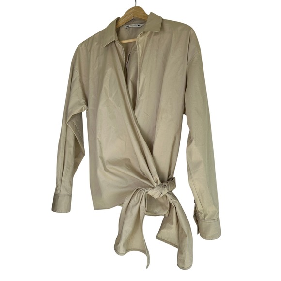 Zara Tops - ZARA Beige Wrap Tie Long Sleeve Shirt Womens M Button Up Casual Office‎